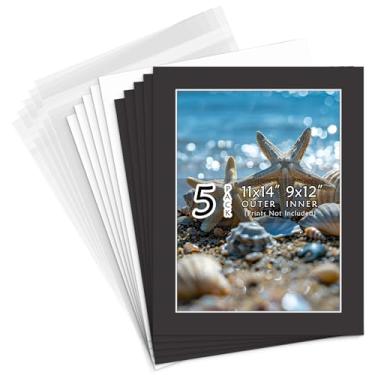 Imagem de Golden State Art, Sem ácido, pacote com 5, tapetes pretos de 28 x 35 cm com corte chanfrado de núcleo branco para foto de 22 x 30 cm + suporte + bolsas