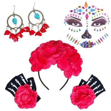 Imagem de Fantasia Halloween Caveira Mexicana Acessórios: Tiara Cabelo + Brincos + Luvas + Maquiagem Adesiva Face Jewels