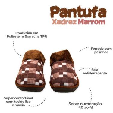 Imagem de Pantufa Adulto Macia Xadrez Marrom 40/41 com Sola em EVA - Red Star