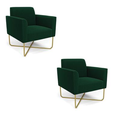Imagem de Poltrona Sala Base X Industrial Dourado Kit 2 Marisa Bouclê Verde D03 - D'Rossi