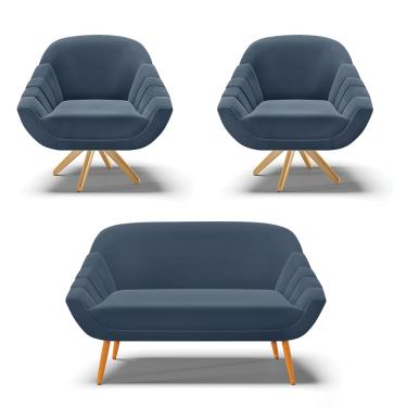 Imagem de Kit 01 Namoradeira 02 Lugares e 02 Poltronas Giratória Giovana Suede Azul Marinho Base Madeira MA30 - D'Rossi