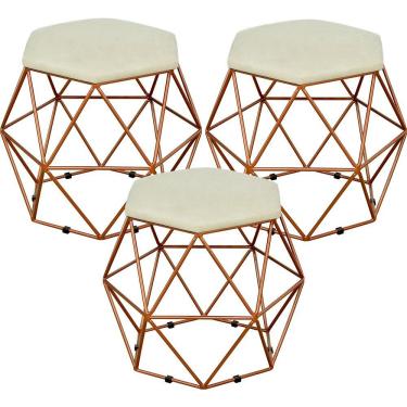 Imagem de Kit 03 Puffs Decorativo Aramado Bronze Six L02 Suede Bege - Lyam Decor