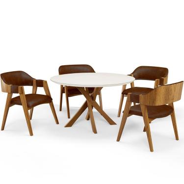 Imagem de Mesa De Jantar Redonda Cora 120cm Off White M04 com 04 Cadeiras Living Suran Couríssimo Marrom - Lyam