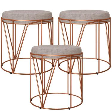 Imagem de Kit 03 Puffs Decorativo Aramado Bronze Zaya L02 Linho Bege - Lyam Decor