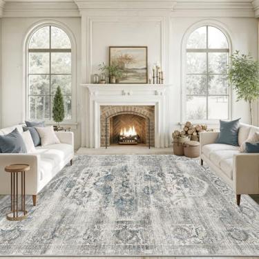 Imagem de xilixili Tapetes de área de 22 x 30 cm para sala de estar, lavável à máquina, antiderrapante, resistente a manchas, tapete grande macio para decoração de casa para quarto e sala de jantar (azul/cinza