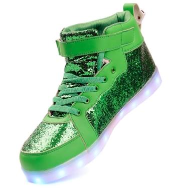 Imagem de PYYIQI Tênis de LED com glitter, cano alto, feminino, masculino, piscando, para festa de Natal, Halloween, com carregamento USB, Verde, 36 BR