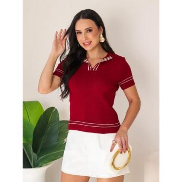 Imagem de Blusa Polo Camiseta Feminina Listrada Tricô Tricot Linda e Elegante Mo