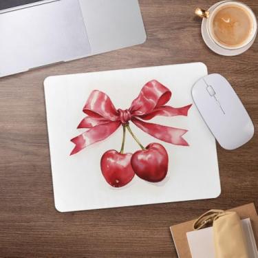Imagem de Mouse pad feminino cereja vermelha, laço de fita rosa coquete, mousepad cereja para mesa, escritório, dormitório, computadores, laptop, acessórios de jogos, 21 x 19 cm