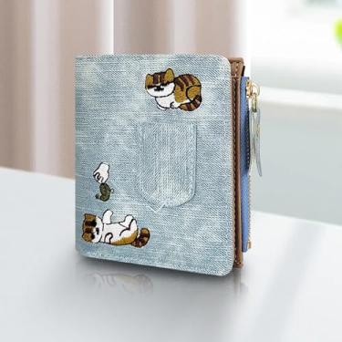 Imagem de Carteira feminina, carteira de couro PU dobrável com bordado de gato, bolsa fofa para cartões de identificação, cartões, dinheiro, moeda, Azul, Bonito