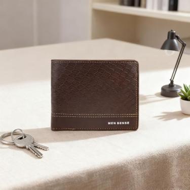 Imagem de Carteira masculina fina, curta e macia, com 7 compartimentos, 1 compartimento para identidade, 2 compartimentos para dinheiro, 1 bolso com zíper, PU, porta-cartões de visita para uso diário, Café