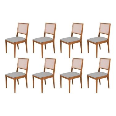 Imagem de Conjunto Com 8 Cadeiras De Jantar Estofada Suellen Em Madeira E Mdf Cerejeira Linho Cinza Prata