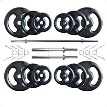 Imagem de Kit 40 Kg de Anilhas Ferro Fundido + Barras com Presilhas