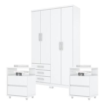 Imagem de Guarda Roupa Solteiro Caju 4 Portas Com Kit Mesa De Cabeceira Campeche Branco - Henn
