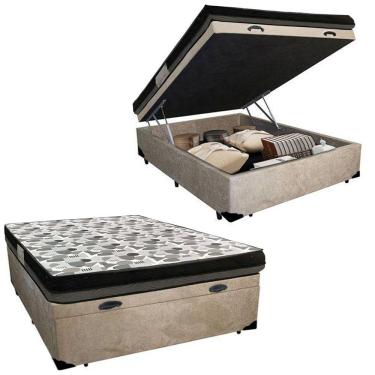 Imagem de Cama Baú Casal Suede + Colchão Casal Ortobom Iso Dupla Face 60x138x188 Cor:bege