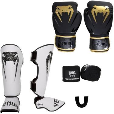 Imagem de Luva Muay Thai Impact Evo Gold + Caneleira Muay Thai Giant Brasil Bran