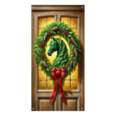 Imagem de BlissYard Capa de porta de guirlanda de cavalo Merry Christmas, faixa decorativa de feriado de 89 x 188 cm com laço vermelho pinhas e vegetação para decoração de inverno interna e externa