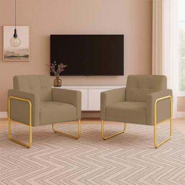 Imagem de Poltrona Sala Industrial Alta Tubo Dourado Kit 2 Elisa Suede Marrom Rato D03 - D'rossi