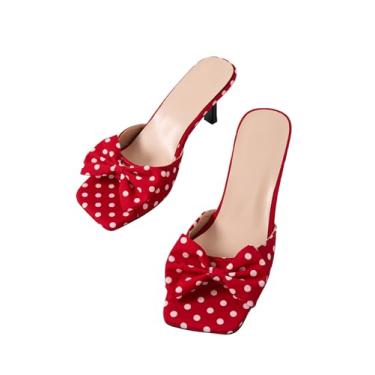 Imagem de WDIRARA Sandálias femininas de salto com laço de bolinhas, bico quadrado aberto, sapatos sem cadarço, Vermelho e branco., 36