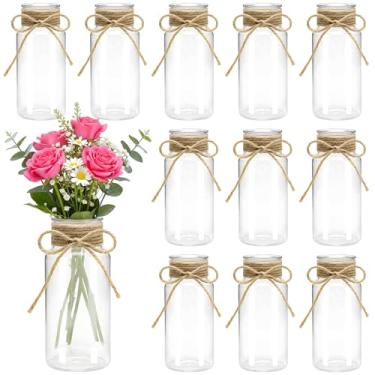 Imagem de 12 peças de vasos de plástico pequenos de 14 cm para potes de vidro Fowers para centros de mesa, jacinto cilíndrico alto, transparente, abacate, vasos de brotos brancos a granel para casamento