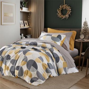 Imagem de Jogo de cama com 6 peças, estampa em três tons, edredom e lençol de microfibra ultramacia, quente e aconchegante para todas as estações, amarelo mostarda e cinza