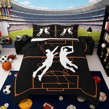 Imagem de Erosebridal Conjunto de edredom de basquete, tamanho solteiro, esportista, slam dunk para meninos, adolescentes, crianças, adultos, esportes, jogos de bola, edredom preto e laranja