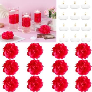 Imagem de 24 velas flutuantes para centros de mesa e enchimentos de vasos de flores flutuantes para centros de mesa, flores artificiais rosa vermelha para decoração de casa, mesa de casamento, festa