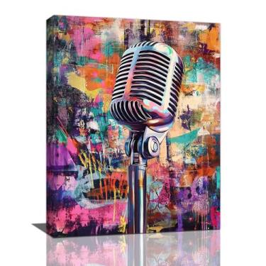 Imagem de Arte de parede de Banksy para microfone de música, decoração de parede em tela para amantes da música, pintura emoldurada de imagens de microfone graffiti, arte para banheiro, sala de estar, quarto