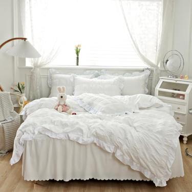 Imagem de Dokiwaki Capa de edredom queen com babados, 3 peças, 1 capa de edredom, 2 fronhas, leve, respirável, com babados, para proteger o edredom e a almofada