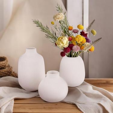 Imagem de Conjunto de 3 vasos de cerâmica branca, vasos decorativos para flores, decoração de casa, vasos de cerâmica minimalistas modernos para buquê, grama dos pampas, seca, fresca, estante, quarto, decoração