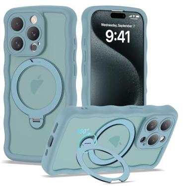 Imagem de BTBTCASE Capa compatível com iPhone 15 Pro com anel magnético rotativo de 360° e suporte invisível, compatível com Mag-Safe, linda capa protetora para celular com moldura ondulada ondulada translúcida