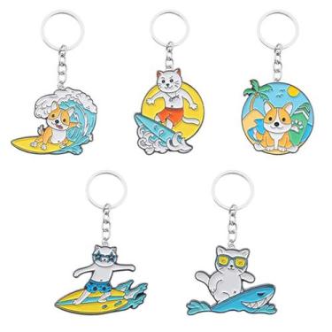 Imagem de Conjunto de chaveiros Surfing Cat Dog, 5 peças de desenho animado Anim