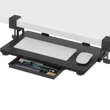 Imagem de ETHU Extrato de teclado, bandeja de teclado extensível 50 x 30 cm com suporte de grampo C, suporte de teclado de montagem sob mesa, suporte ergonômico para teclado para casa e escritório (preto)