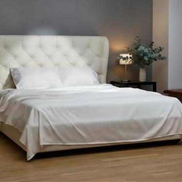 Imagem de Mon Chateau Jogo de lençol Queen, 4 peças de microfibra branca macia com estampa geométrica, inclui lençol com elástico, lençol de cima e 2 fronhas, roupa de cama elegante para conforto diário