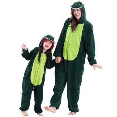 Imagem de MICHLEY Fantasia unissex de cosplay de animais de Halloween, pijama de peça única com capuz com zíper para homens e mulheres, Dinossauro, GG