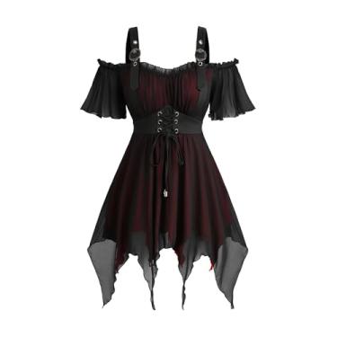Imagem de ROSE GAL Plus Size Womens Goth Cold Shoulder Corset Top Two Tone Ruffles Buckles Lace-up Underbust Handkerchief Gothic T-Shirt Mesh Overlay Shirt(Black_1/M)