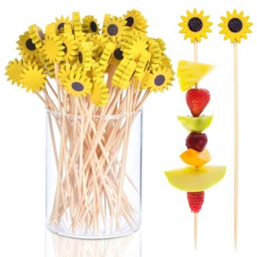Imagem de JtmyAota 100 palitos de flores para aperitivos, palitos de coquetel extravagantes de 12 cm para decoração de festa, espetos de aperitivos de bambu para charcutaria, sanduíche, hambúrgueres de frutas