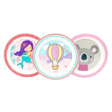 Imagem de Kit 3 Pratos Infantis com Estampas de Coala, Sereia e Balão, Polipropileno, 21x21cm, Lavável na Máquina, Uso no Micro-ondas e Freezer, Design Lúdico para Crianças