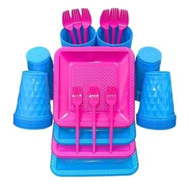 Imagem de Kit 260 Itens Descartaveis Festa Aniversário Prato Quadrado Diamante Plástico Colorido Perolado Candy Pastel (Azul Bebe Pink)