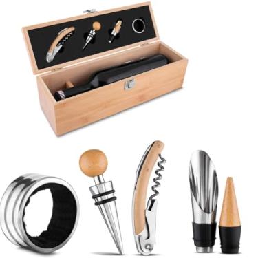 Imagem de Kit para Vinho com Caixa de Bambu Completa com Saca-Rolha, Corta-Gotas, Bico Para Servir e Tampa – Suporte para Garrafa 750ml