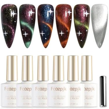 Imagem de Fcozpjk Esmalte de gel Cat Eye, conjunto de esmalte holográfico de gato com bastão magnético e base de revestimento, esmalte de gel magnético Aurora 9D para unhas verde azul dourado glitter gel