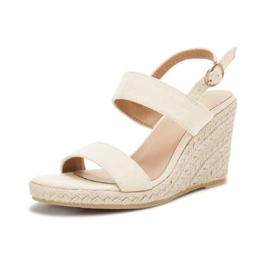 Imagem de VETASTE Sandálias femininas de salto alto, plataforma de salto alto, tira no tornozelo, fivela, Bege, 40