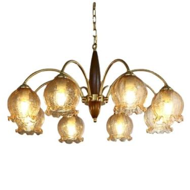 Imagem de Luminária pendente vintage de cobre com flores e vidro para sala de estar e quarto, estilo rústico japonês-americano retrô, em madeira maciça, para sala de jantar (10 lâmpadas)