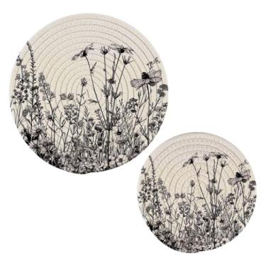 Imagem de Blueangle 2 peças de suporte de panela de trivet de flores pretas e brancas - conjunto de pegadores de panela de tecido redondo - almofadas quentes trançadas de algodão - porta-copos - tapetes de mesa