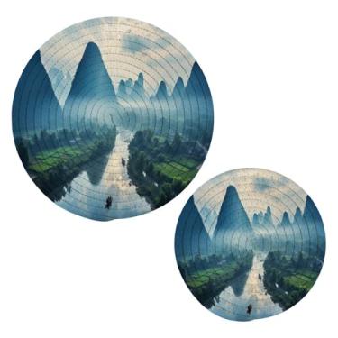 Imagem de Blueangle 2 peças de suporte de panela de paisagem de montanha - conjunto de pegadores de panela de tecido redondo - almofadas quentes trançadas de algodão - porta-copos - tapetes de mesa para