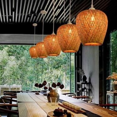 Imagem de Pendente Lustre de Bambu Aruba Fiação Preta ou Madeira c/Lâmpada Comum TrendDecor (Laranja, Fiação madeira)