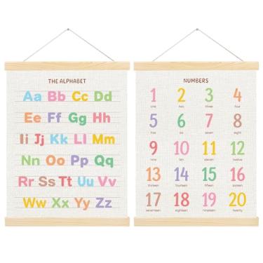 Imagem de HIKIMA Conjunto de 2 molduras de pôster educacional com números do alfabeto, faixa ABCs 123s com molduras de madeira para berçário, sala de jogos, sala de aula, 30,5 x 40,6 cm