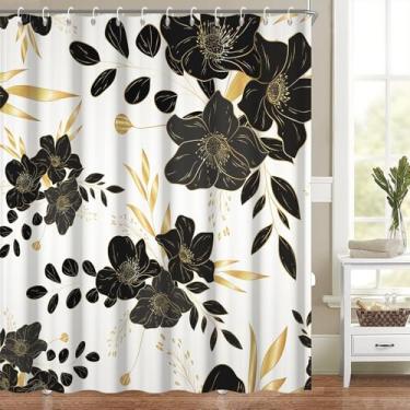 Imagem de Heevnttiy Cortina de chuveiro floral vintage para banheiro moderno conjunto de decoração de banheiro retrô preto e dourado flores cortinas de banheira laváveis na máquina tecido de poliéster