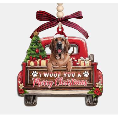 Imagem de Enfeite de madeira I Woof You A Merry Christmas - Caminhão de Natal com cão de caça de sangue 3 camadas de madeira enfeite de lembrança presentes para mulheres e homens amantes de animais de estimação