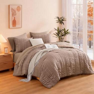 Imagem de CASAAGUSTO Jogo de edredom solteiro GG, 5 peças, solteiro, marrom macio para todas as estações, lençol de cima, lençol com elástico, 1 fronha, 1 fronha