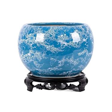 Imagem de YYBOES Vaso de flores de cerâmica, vaso de flores simples, vaso de cerâmica com base de bandeja, vaso de flores grande esférico com orifício de drenagem, adequado para sala de estar, escritório, pátio